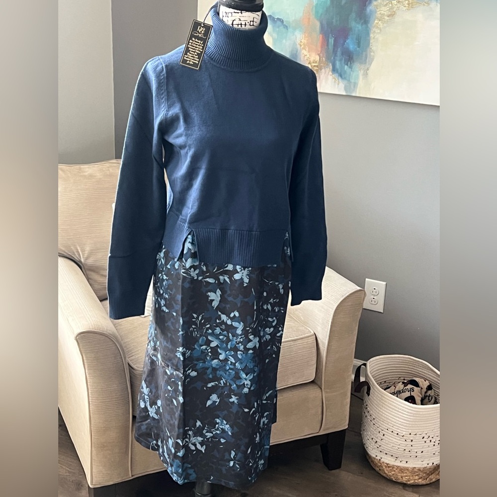DG2 NWTS DIANE GILMAN Elegant Blue Floral SWEATER DRESS. ANY 3/$24 w/$4.99 ship